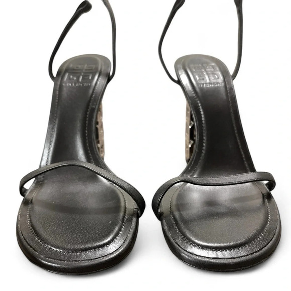 Givenchy Heels Women’s 37 Silver Cube Ankle Strap Round Open Toe Leather Black - Picture 4 of 10